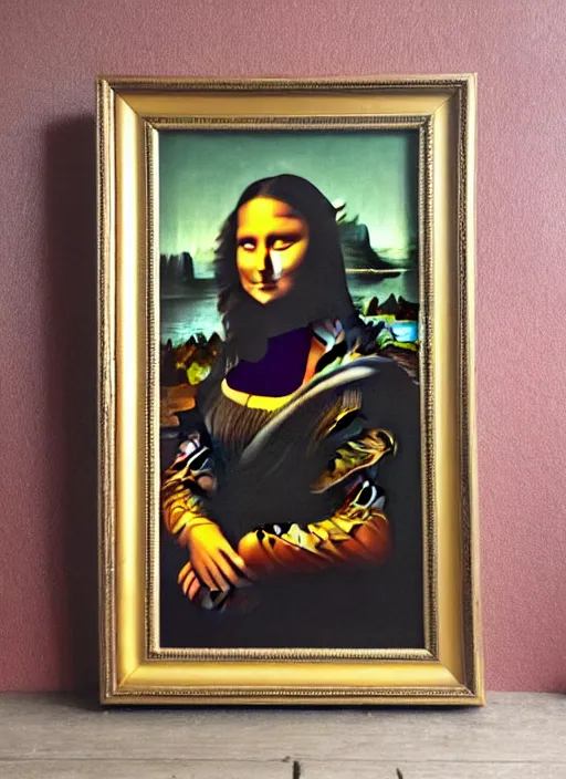 Image similar to vintage framed painting of a lion in the style of mona lisa