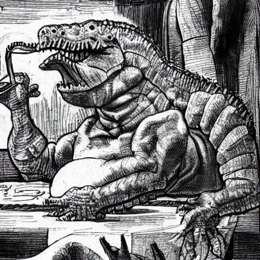 Prompt: time traveling dinosaur having a drink in medieval times, in michelangelo style