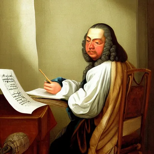 Image similar to highly detailed painting of bach writing a piece of music on a sheet of paper, he is inside of a wooden shack, 4 k resolution, by jaquis luis david, visible paint layers, renaissance.