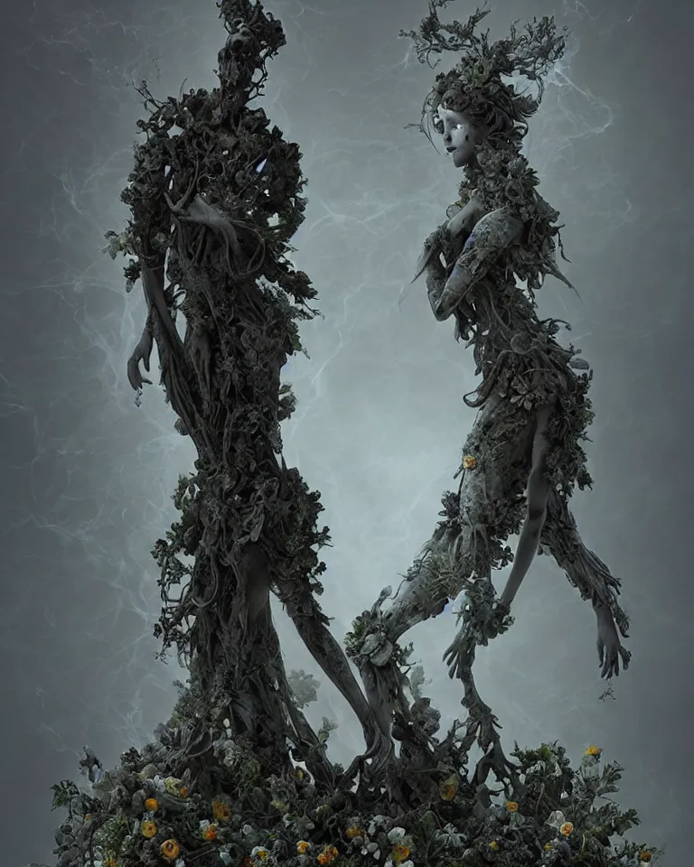 Image similar to portrait of a gothic cemetery statue made of mist and flowers, cosmic horror, mutating into mist, cinematic lightning, Andrew Ferez, Charlie Bowater, Marco Mazzoni, Seb McKinnon, Ryohei Hase, Alberto Seveso, Kim Keever, trending on cgsociety, featured on zbrush central, new sculpture, mystical