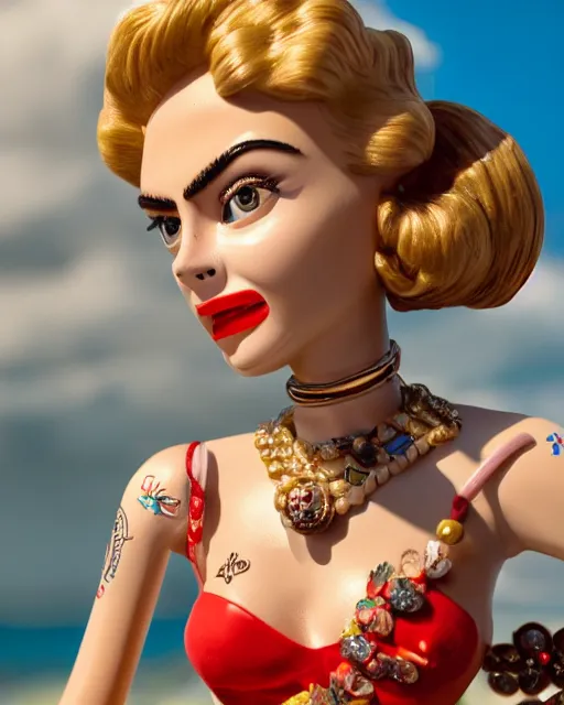 Image similar to highly detailed closeup, face profile portrait of a tin toy retro 1 9 5 0 s cara delevingne, bikini, depth of field, zeiss lens, fashion photoshoot by max fleischer, breathtaking, detailed and intricate environment, 8 k resolution, extremely detailed, beautiful, establishing shot, artistic, hyperrealistic, octane render