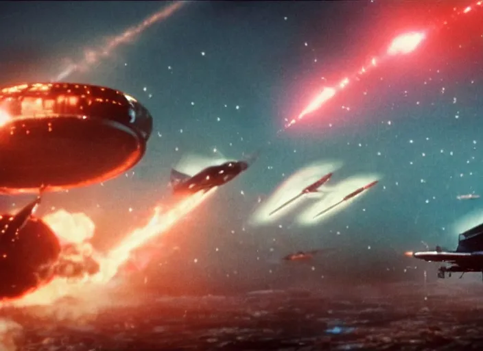 Image similar to a film still of an epic space ufo battle, explosions, colorful, thunderbirds, hbo, 4 k, hd, hyperrealistic, 7 0 mm, christopher nolan