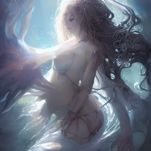 Image similar to Fallen Mother Goddess，hyper detailed, character concept, Cthulhu,lfull body, dynamic pose，intricate, lineart, cerpuscular rays, by yoshitaka amano, WLOP