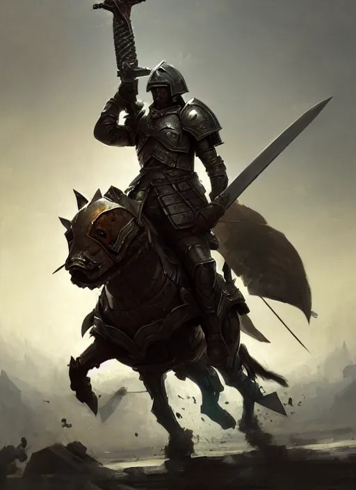 Image similar to epic war commander with armored helmet holding two gigantic sword and riding a standing horse while attacking enemies. highly detailed, digital painting, concept art, smooth, sharp focus, illustration, art by greg rutkowski