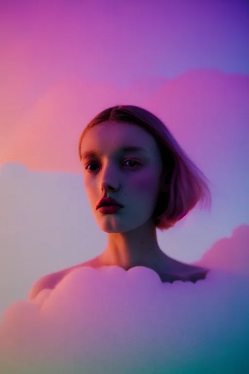 Image similar to high quality pastel coloured film close up wide angle photograph of a model wearing clothing swimming on cloud furniture in a icelandic black rock!! environment in a partially haze filled dreamstate world. three point light, rainbow. photographic production. art directed. pastel colours. volumetric clouds. pastel gradient overlay. waves glitch artefacts. extreme facial clarity. 8 k. filmic.