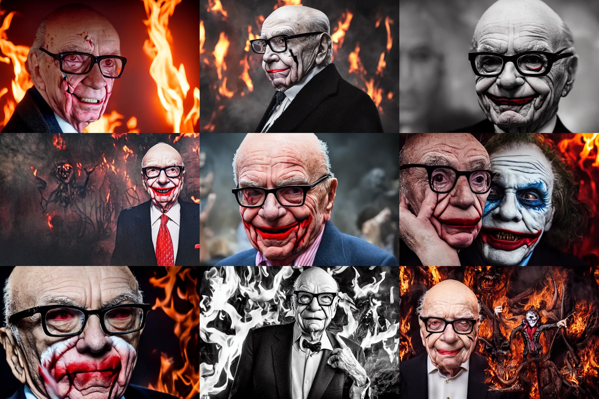 Prompt: Rupert Murdoch wearing glasses and makeup like The Joker, standing in hell surrounded by demons and fire and flames and bones and brimstone, portrait photography, depth of field, bokeh