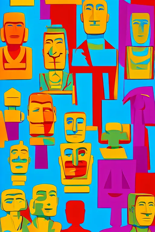 Image similar to cubist moai statue cutout digital illustration cartoon colorful beeple