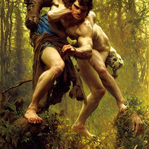 Prompt: attractive henry cavill as withcer and attractive joey batey as jaskier hauting wild creature in the wood highly detailed painting by gaston bussiere, craig mullins, j. c. leyendecker, alphonse mucha 8 k