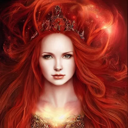 Prompt: Fantastic, fairytale, portrait, painting, beautiful!, female mage, long flowing red hair, light emitting from fingertips, ornate gown, royalty kingdom, royal court