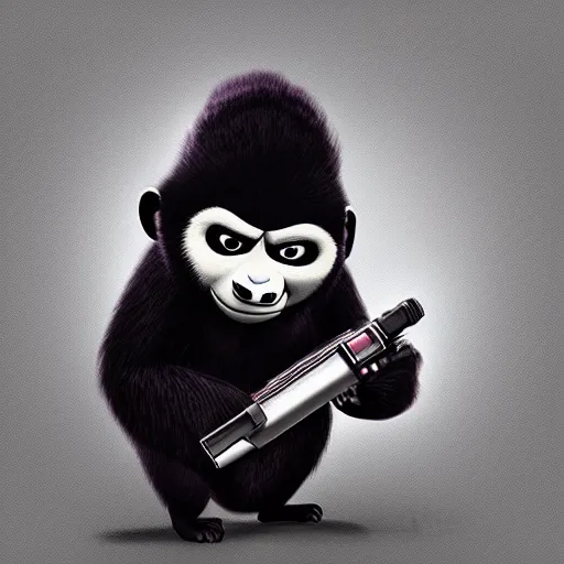 Image similar to “ portrait of a monkey in the style of kung fu panda holding laser gun, with a black background, digital art, award winning, trending on art station, retro style ”
