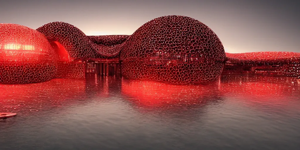 Image similar to An epic architectural rendering of a blob shaped trypophobia house with a mysterious red glow emitting from inside in a modern cityscape next to a river, stunning, gorgeous, golden ratio, photorealistic, featured on artstation, 4k resolution