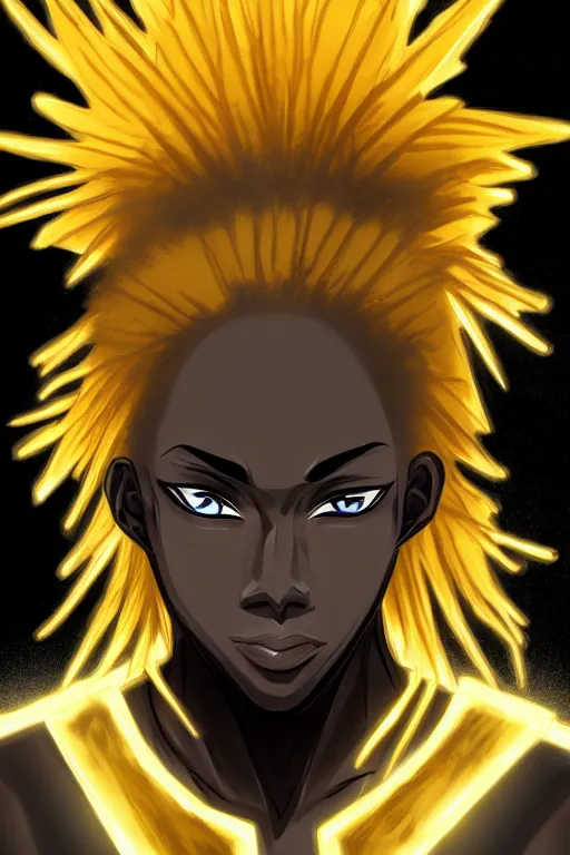 Prompt: glowing black male anime character, golden hair, yellow eyes, symmetrical, highly detailed, digital art, sharp focus, trending on art station, crazy hair, electricity superpowers, anime art style