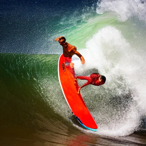 Prompt: a surfer surfing on a large wave of ketchup, through a sea made of ketchup, on a dunny day, 8 k, wide angle photography