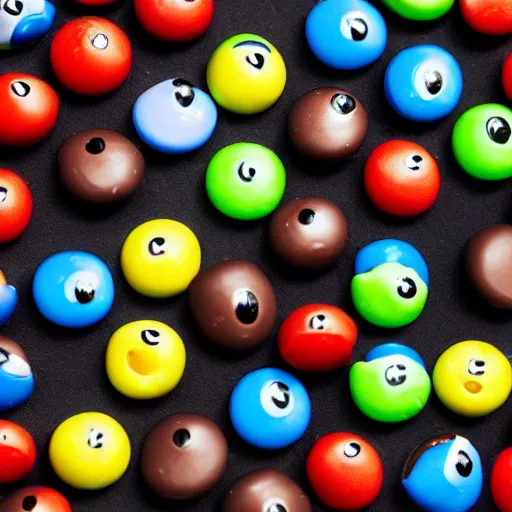 Image similar to M&M's candy with crazy monsters pictures on them , 8k hd dof