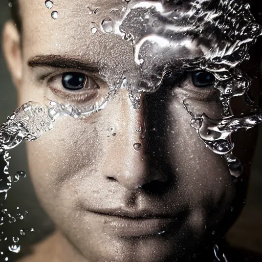 Image similar to icon of a realistic human head made out of water, water art manipulation, dark background