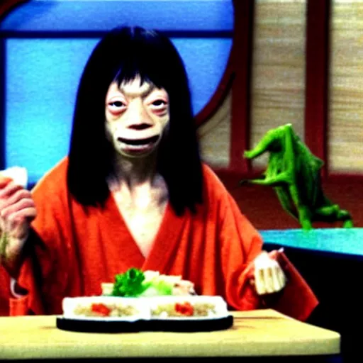 Prompt: gollum from lord of the rings eating sushi on a japanese game show