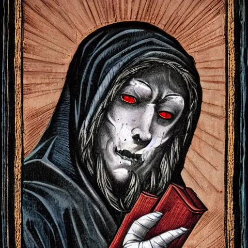 Prompt: Fantasy portrait of a man made of frost and shadow holding religious tome, high detailed, horror, old renaissance, religious art, style of Harshanand Singh and Junji Ito