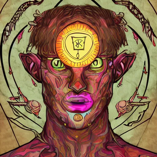 Image similar to portre of an autistic demon on acid, masonic and kabalistic symbols in background, digital art, 8k, delicate details