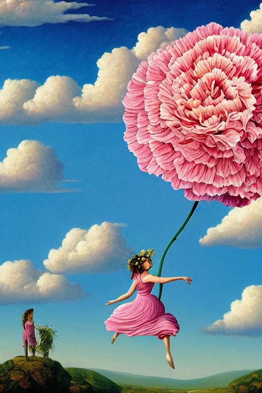 Image similar to closeup, giant carnation flower head, woman flying, surreal, clouds in sky, impressionist painting, digital painting, artstation, rob gonsalves