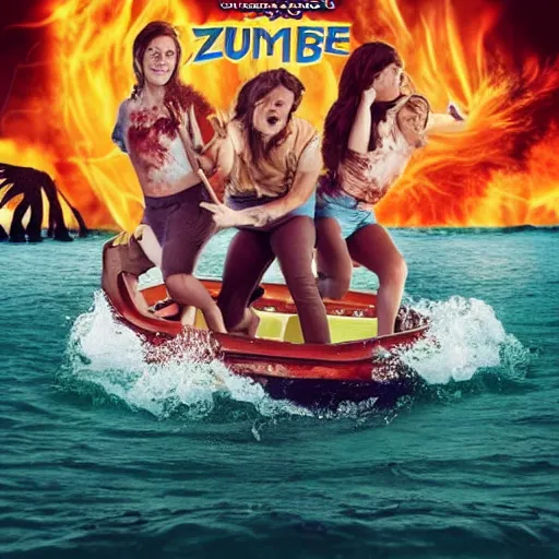 Image similar to three young women having fun on a boat, while a zombie beaver with glowing eyes is swimming beneath them. movie poster. photo. very detailed.