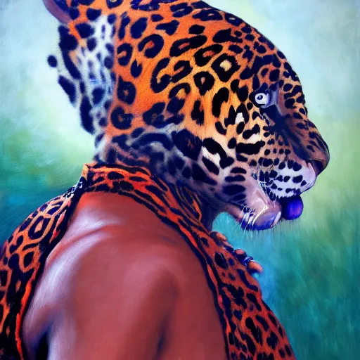 Image similar to the painting of a shaman turning into a jaguar 4 k render