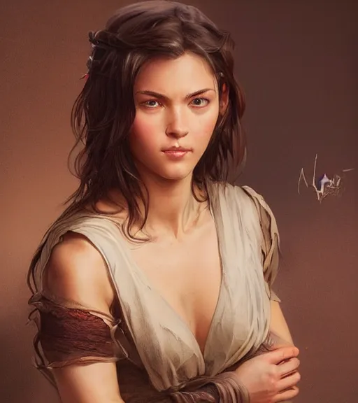 Image similar to portrait of a young woman, soft features, gentle smile, muscular, half body, cloth, short brown hair, back light, d & d, fantasy, intricate, highly detailed, digital painting, artstation, concept art, smooth, sharp focus, illustration, art by artgerm and greg rutkowski and alphonse mucha