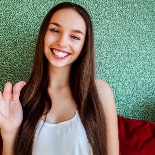 Image similar to a cute young woman smiling, long shiny bronze brown hair, full round face, green eyes, medium skin tone, light cute freckles, smiling softly, wearing casual clothing, relaxing on a modern couch, interior lighting, cozy living room background, medium shot, mid-shot, soft focus