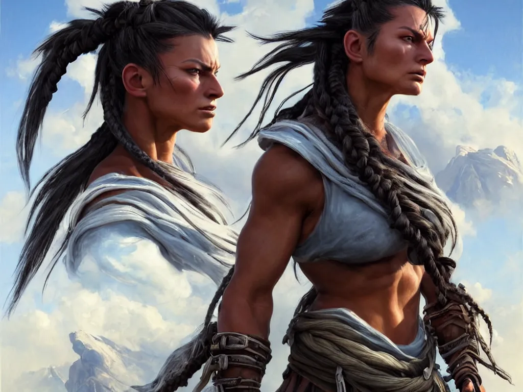 Prompt: cindy landolt appearance with black braided hair as aloy from horizon zero dawn in the style of assassins creed, countryside, calm, fantasy character portrait, dynamic pose, above view, sunny day, thunder clouds in the sky, artwork by jeremy lipkin and giuseppe dangelico pino very coherent asymmetrical artwork, sharp edges, perfect face, simple form,