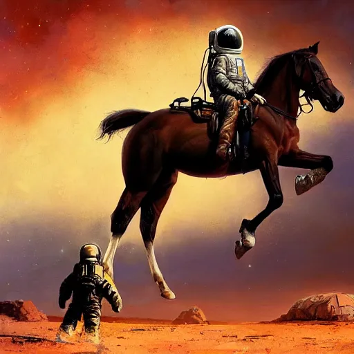 Prompt: a horse on top of a man, the astronaut is carried by the horse, hyperrealism, no blur, 4 k resolution, ultra detailed, style of ron cobb, adolf hiremy - hirschl, syd mead, ismail inceoglu, rene margitte