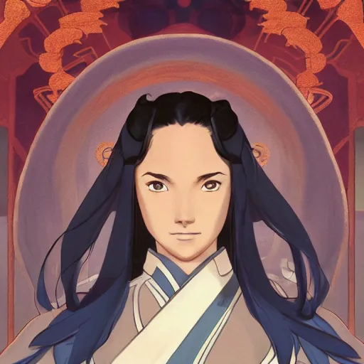 Image similar to Portrait of Avatar Korra wearing a traditional Japanese kimono, Legend of Korra, Avatar the Last Airbender, intricate, elegant, highly detailed, digital painting, artstation, concept art, smooth, sharp focus, illustration, art by artgerm and greg rutkowski and alphonse mucha and andrei riabovitchev