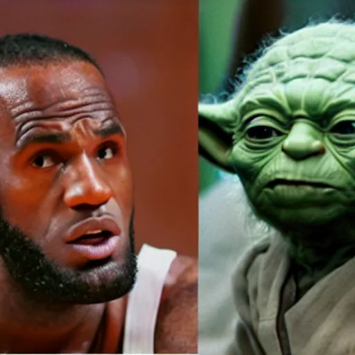 Image similar to a film still of lebron james playing the part of yoda