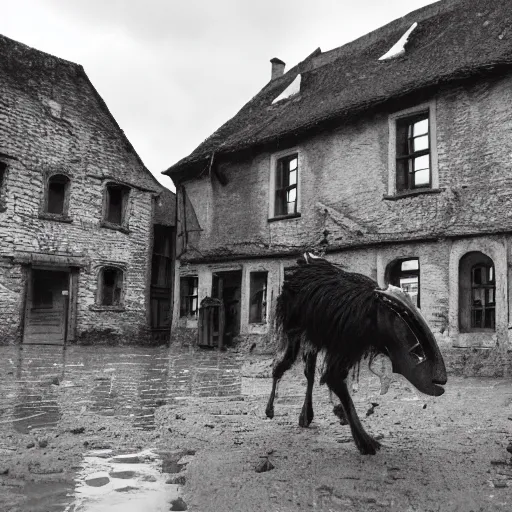 Image similar to horror, moody, still from film, daytime, muddy village square, wide shot, screeching mutant goat monster, powerful and huge, creeping on legs with hands where feet should be, mouth crammed full of filthy jagged teeth, matted brown fur, in muddy medieval village square