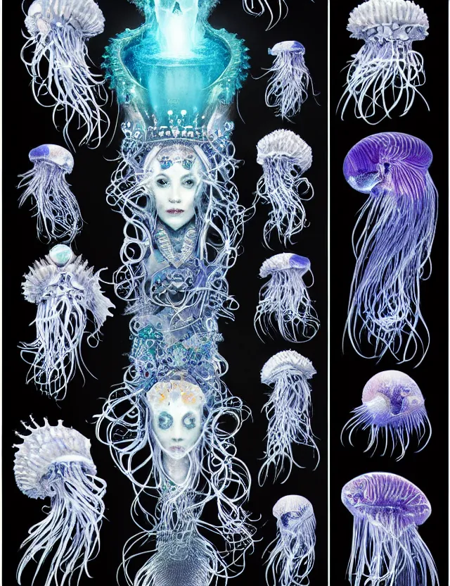 Image similar to goddess macro shouler portrait from bottom to top in crown made of ram skull. betta fish, jellyfish phoenix, bioluminiscent, plasma, ice, water, wind, creature, super intricate ornaments artwork by tooth wu and wlop and shofff and greg rutkowski