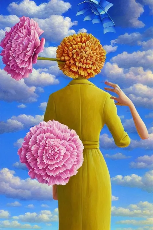 Image similar to closeup, giant carnation flower head, woman in suit, clouds in sky, surreal, impressionist painting, digital painting, artstation, rob gonsalves