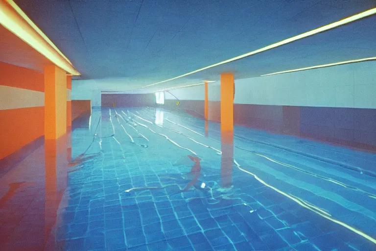 Image similar to 1 9 7 0 s found footage of an underwater space made up of a non - euclidean, geometric and tiled swimming pool hallways, neon color bleed, ektachrome photograph, volumetric lighting, f 8 aperture, cinematic eastman 5 3 8 4 film stanley kubrick
