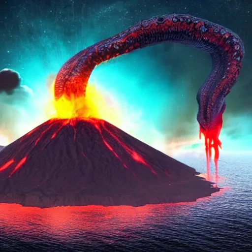 Prompt: the deepest darkest surreal and evil volcanic island with with tentacles and huge explosions with creatures from the orion nebula and gigantic octopus like creatures hyper real