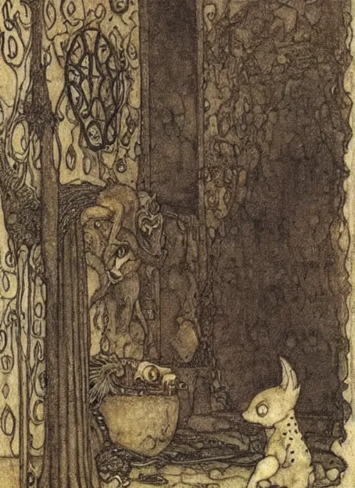 Prompt: fantasy cute small dragon in a room by john bauer, arthur rackham