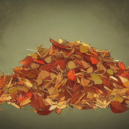 Prompt: pile of leaves, concept art, illustrated, highly detailed, high quality, bright colors, optimistic,