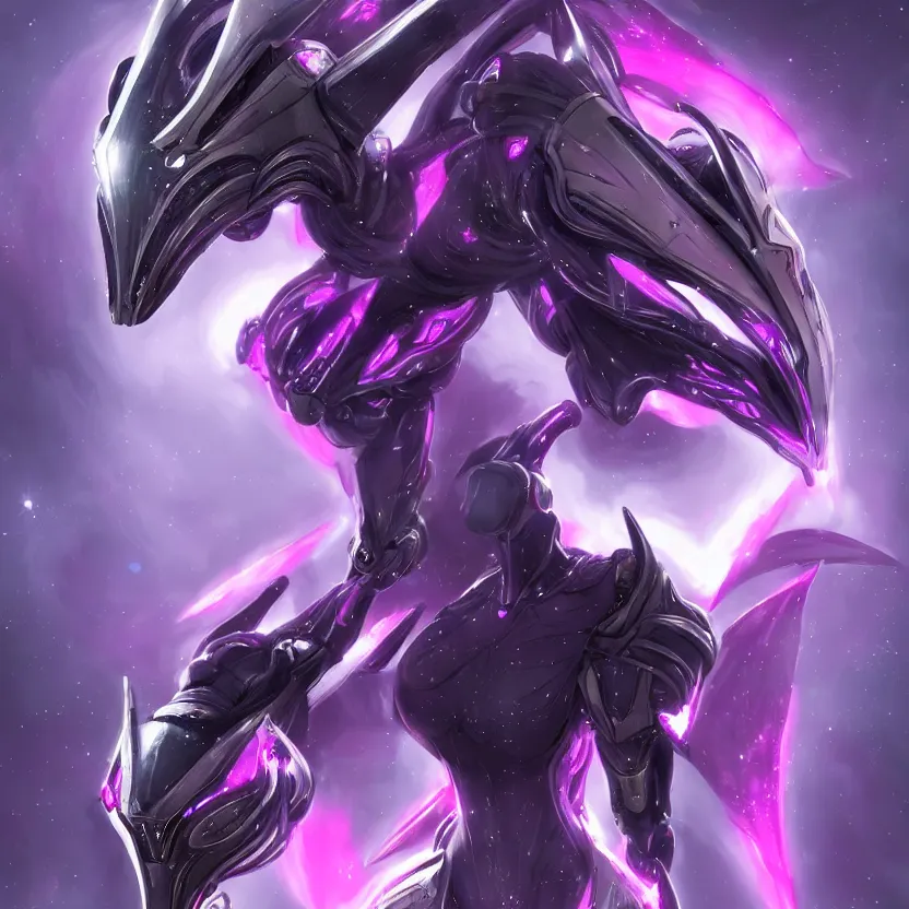 Image similar to cinematic bust shot, cosmic sized proportional stunning beautiful hot female warframe, detailed robot mecha female dragon head, metal ears purple eyes, sleek silver armor, fuschia skin, floating in empty space, nebula sized, posing elegantly, epic proportions, epic size, epic scale, furry art, dragon art, giantess art, warframe fanart, furaffinity, deviantart