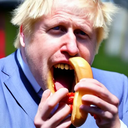 Image similar to boris johnson eating a hotdog mouth wide open