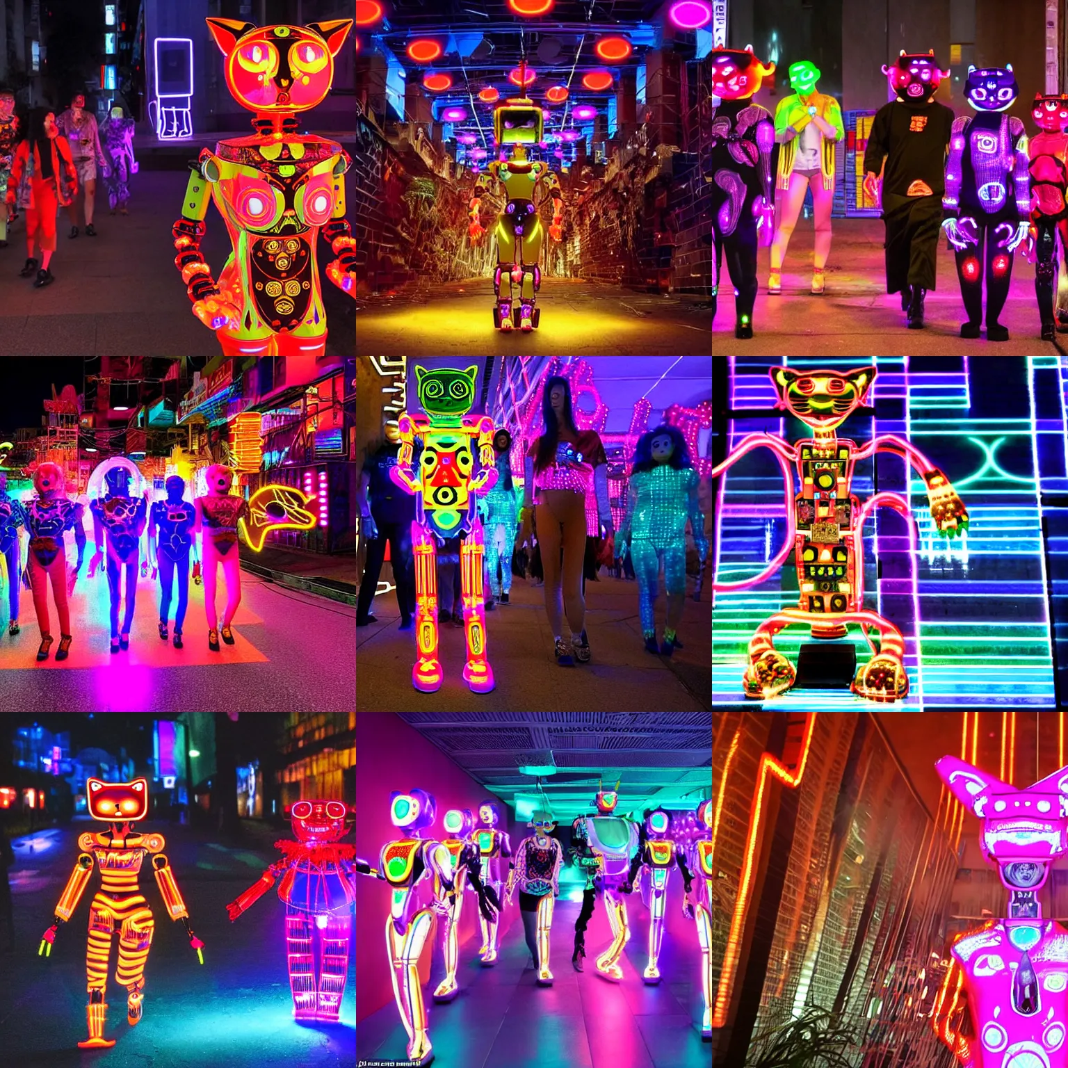 Prompt: Eight humanoid robots dressed in psychedelic kimonos walk through a dark city lit by neon lights while playing various musical instruments, guided by an eerily glowing red cat. One of them is a female robot
