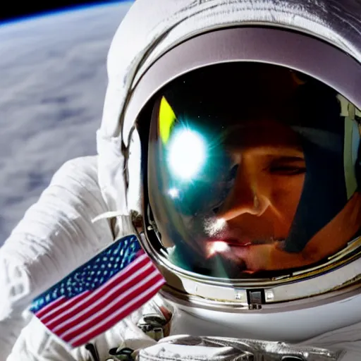 Image similar to a close up photo of an astronaut floating in space. his helmet visor is dark and reflective. you can see the reflection of the photographer in his helmet visor.