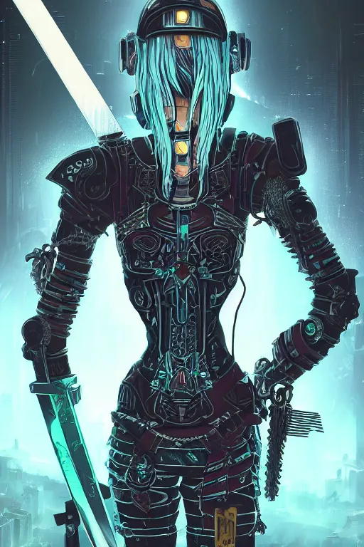 Image similar to [ grimes in medieval cyberpunk armor ]! holding a [ sword in her hand ]! looking out into the [ futuristic cyberpunk city ]!, digital art style, anime style, trending on [ artstation ], 4 k, cgsociety contest winner, award winning, neon! lighting, neon subsurface scattering!, intricate, full - body!, volumetric lighting!