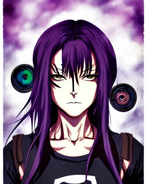 Image similar to style of madhouse studio anime, black lagoon manga, loish, artgerm, comic art, portrait of revy from black lagoon, symmetrical eyes and symmetrical face, jean shorts, white tank top, purple hair, sarcastic evil smirk on face, sky and ocean background