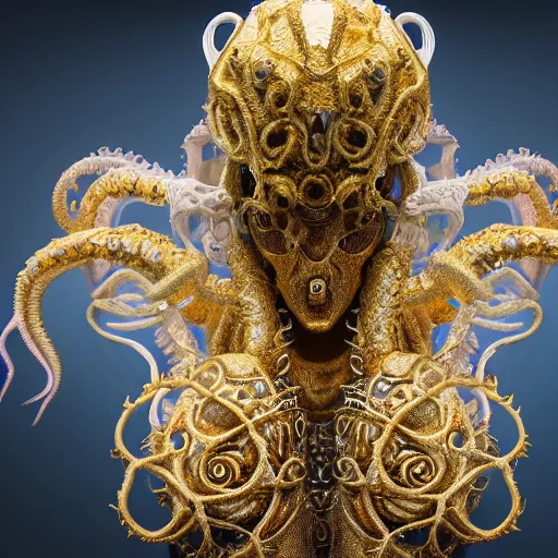 Prompt: a photo of 8k ultra realistic corrupted lovecraftian golden queen, 8 intricate white and gold tentacles, ornate white and gold armour, cinematic lighting, trending on artstation, 4k, hyperrealistic, focused, high details, unreal engine 5, cinematic, masterpiece