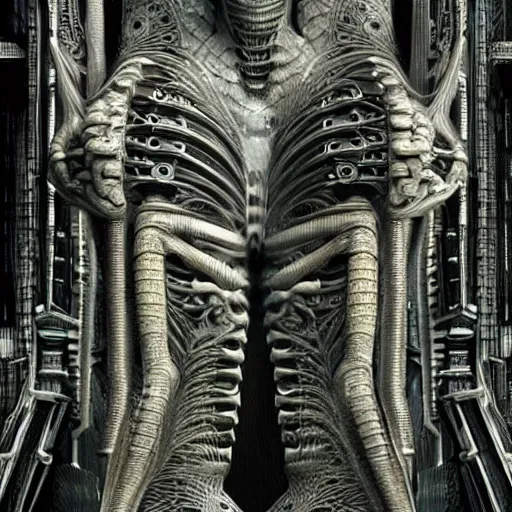 Image similar to highly advanced futurescape, intricate, high detailed, superstructures, elegant architecture, 8k, 144mm full shot, cinematic :: H.R. Giger ::