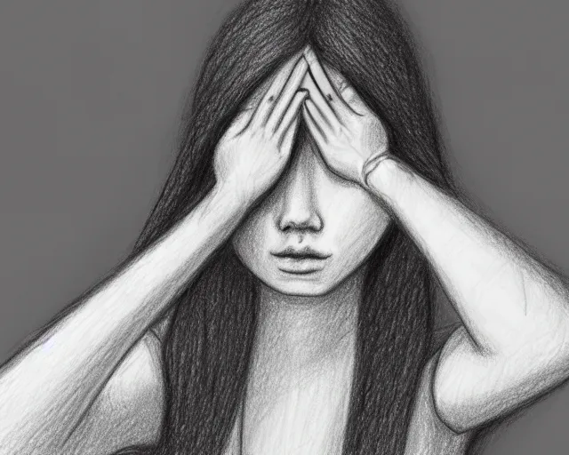 Image similar to a drawing of a woman covering her face with her hands, a sketch by choro choi, thick stroke, trending on artstation, context art, pencil sketch, high detail, kinetic