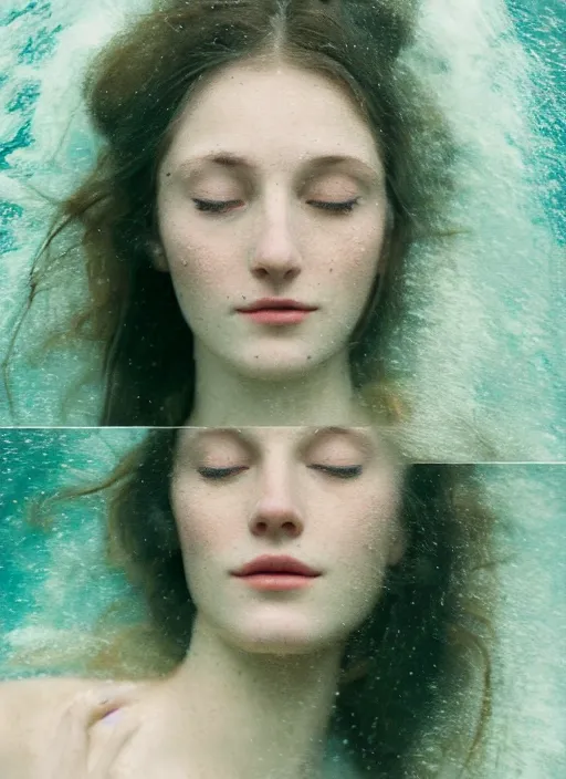 Image similar to Kodak Portra 400, 8K,ARTSTATION, Caroline Gariba, soft light, volumetric lighting, highly detailed, britt marling style 3/4 , extreme Close-up portrait photography of a beautiful woman how pre-Raphaelites with her eyes closed,inspired by Ophelia paint, the face emerges from water of Pamukkale, underwater face, hair are intricate with highly detailed realistic beautiful flowers , Realistic, Refined, Highly Detailed, interstellar outdoor soft pastel lighting colors scheme, outdoor fine art photography, Hyper realistic, photo realistic