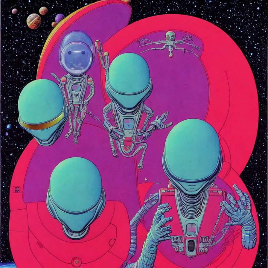 Image similar to ( ( ( ( ( alien king and astronaut talking face to face, side angle ) ) ) ) ) by mœbius!!!!!!!!!!!!!!!!!!!!!!!!!!!, overdetailed art, colorful, record jacket design