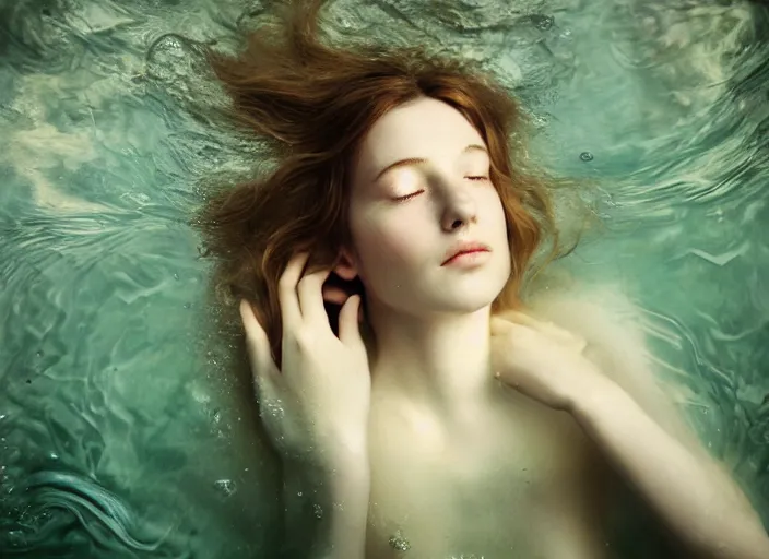 Image similar to Kodak Portra 400, 8K, soft light, volumetric lighting, highly detailed, britt marling style 3/4 by Martin Stranka , portrait photography of a beautiful woman how pre-Raphaelites with her eyes closed,inspired by Ophelia by Martin Stranka, the face emerges from water of Pamukkale, underwater face, anatomical real full body dressed ethereal lace dress floating in water surface , the hair are intricate with highly detailed realistic beautiful brunches and flowers like crown, Realistic, Refined, Highly Detailed, soft blur background, outdoor soft pastel lighting colors scheme, outdoor fine art photography, Hyper realistic, photo realistic